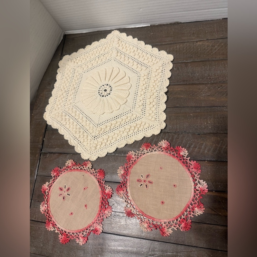Cream and Red Crochet Doilies Set